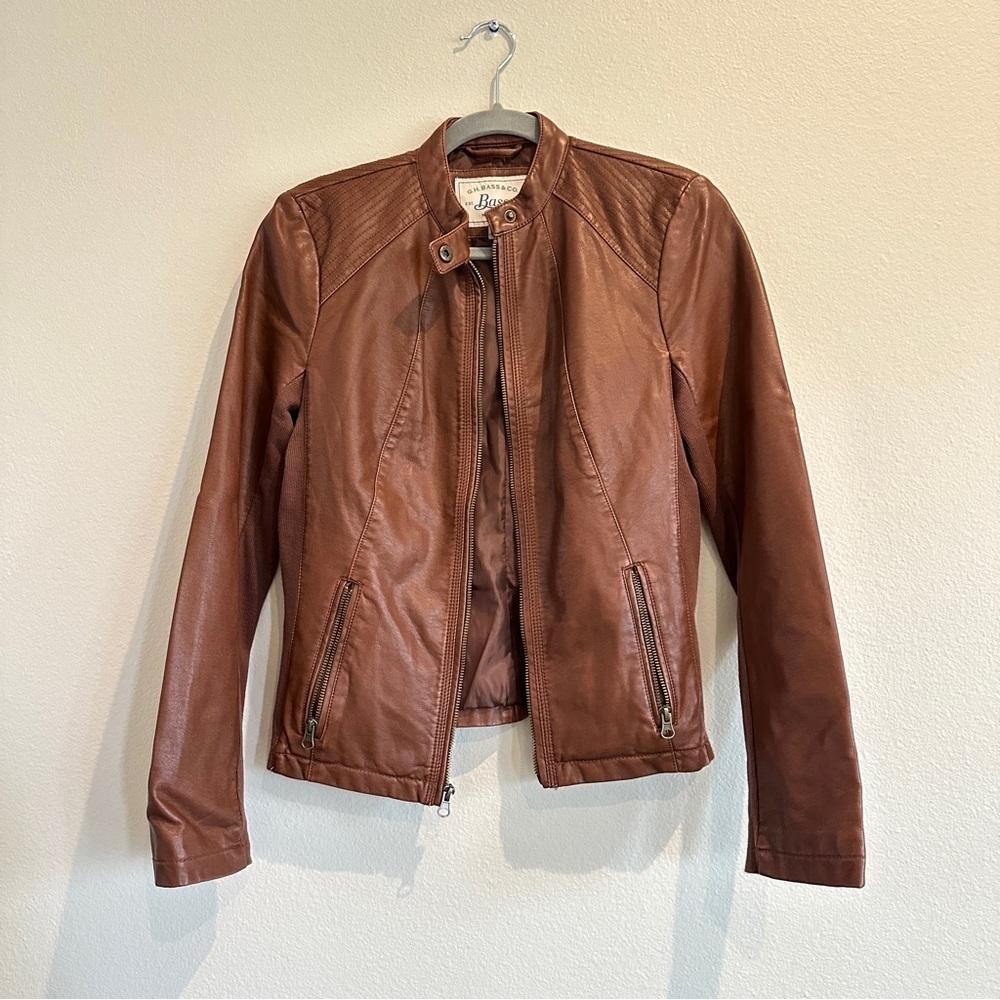 G. H. Bass & Co. Women's Brown Faux Leather Long Sleeves Moto Biker Jacket sz XS